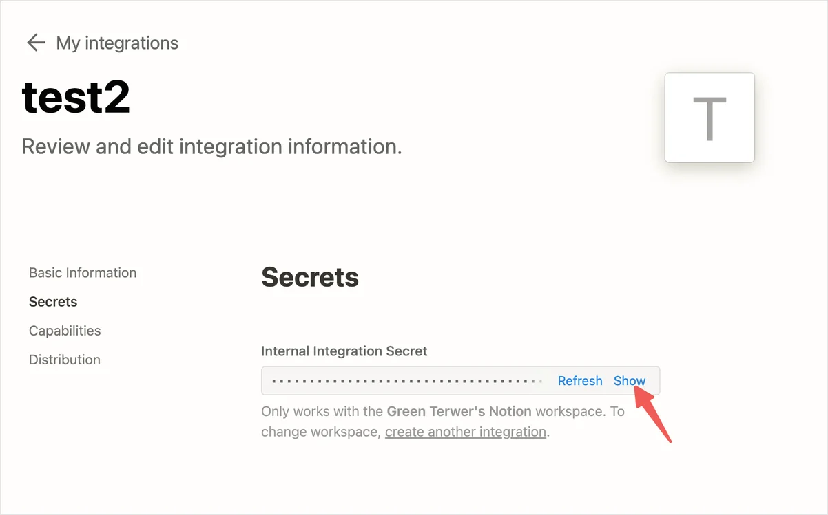 在 Secrets 里复制 Internal Integration Secret